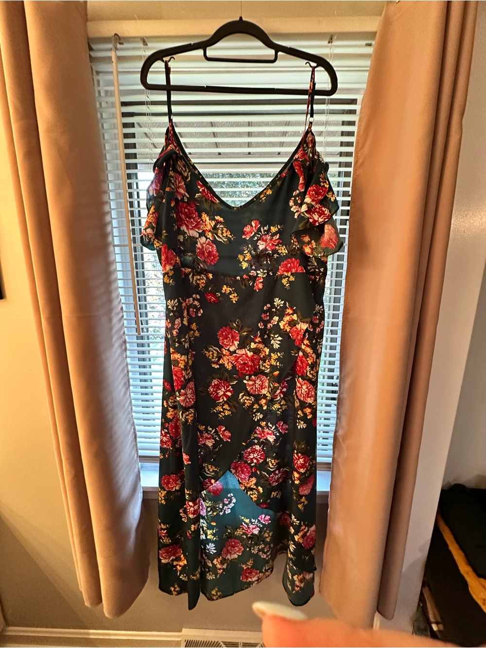 SHEIN Teal Floral High-Low Slip Dress with Red and Yellow Blooms
